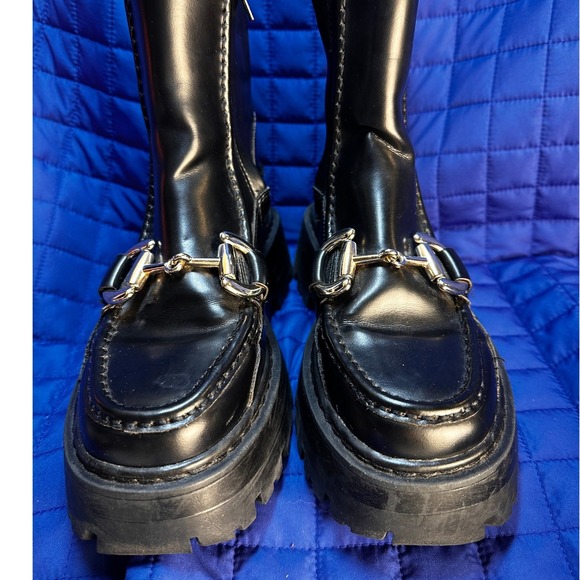 H&M Women's Black Patent Leather Lug Sole Ankle Boots Equestrian Size 8 Platform - Picture 5 of 12